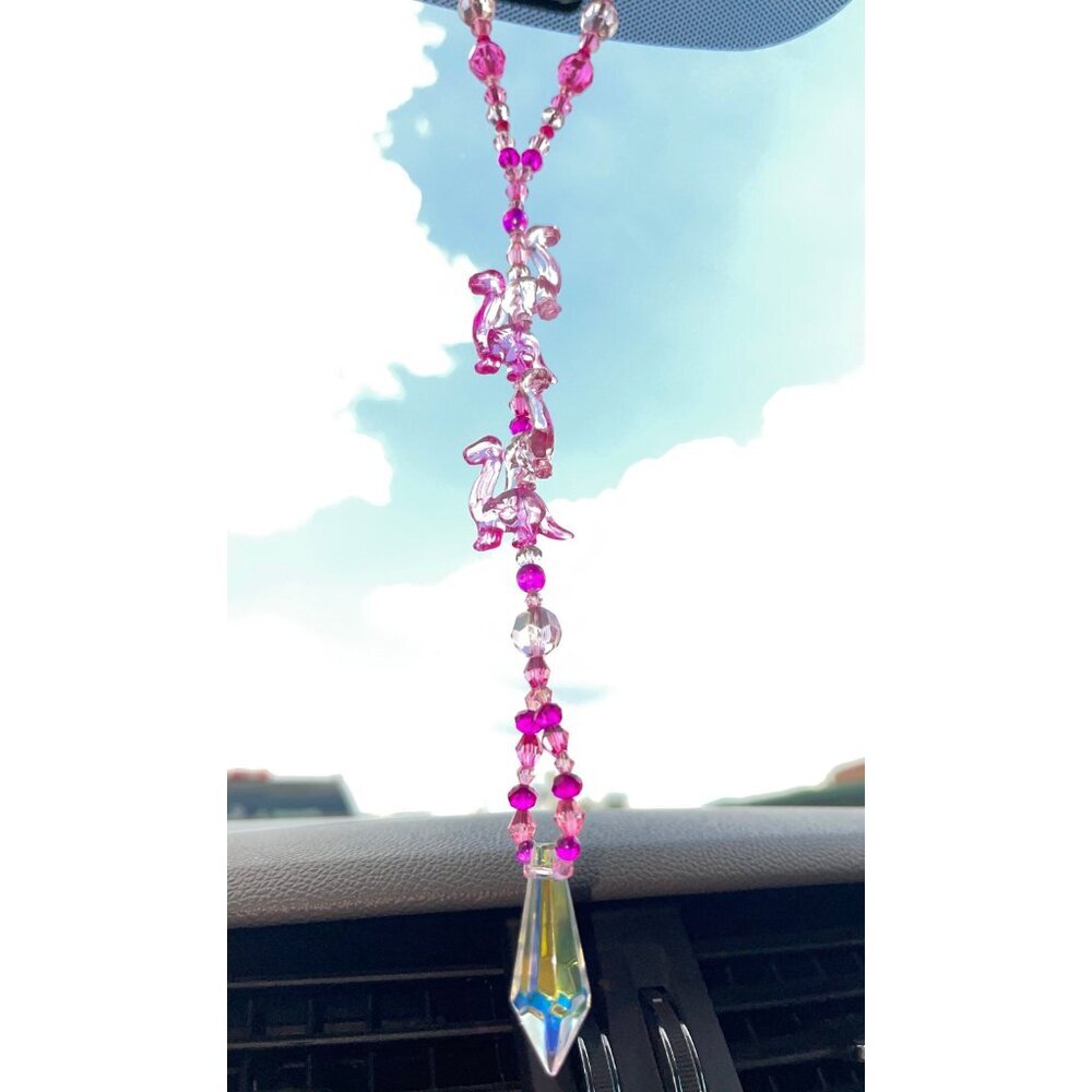 Dinosaur Beaded Suncatcher Rearview Mirror Ornament Pink Crystal Prism Car Charm - Picture 8 of 10
